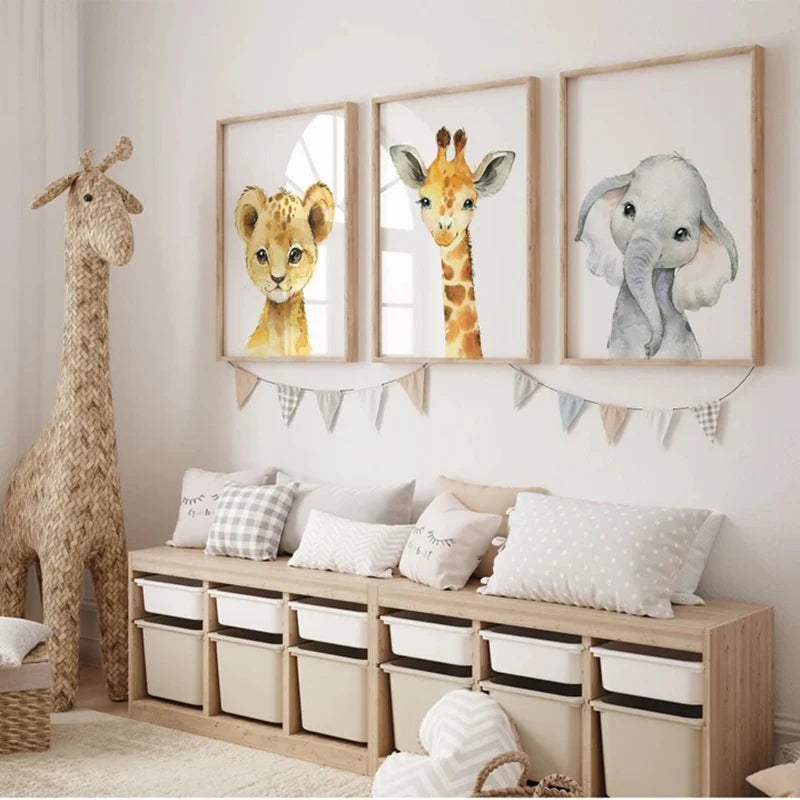 Set of 3PCS Baby Elephant Giraffe Lion Nursery Wall Art Fine Art Canvas Prints Wild Animal Safari Posters Pictures For Children's Room Decor