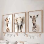 Set of 3PCS Baby Elephant Giraffe Lion Nursery Wall Art Fine Art Canvas Prints Wild Animal Safari Posters Pictures For Children's Room Decor