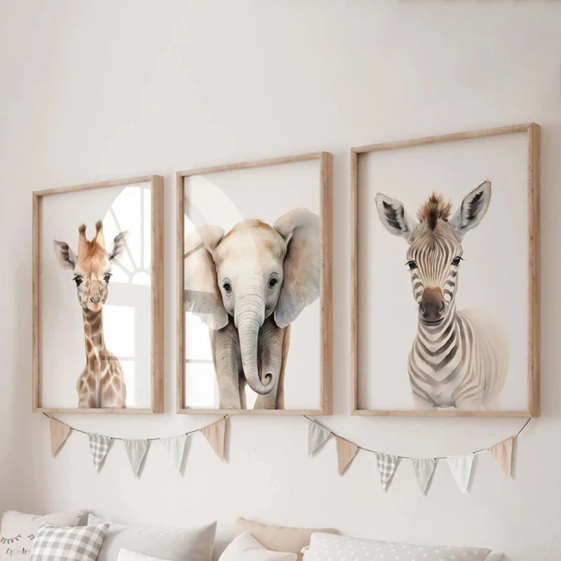 Set of 3PCS Baby Elephant Giraffe Lion Nursery Wall Art Fine Art Canvas Prints Wild Animal Safari Posters Pictures For Children's Room Decor