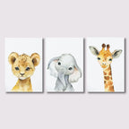 Set of 3PCS Baby Elephant Giraffe Lion Nursery Wall Art Fine Art Canvas Prints Wild Animal Safari Posters Pictures For Children's Room Decor