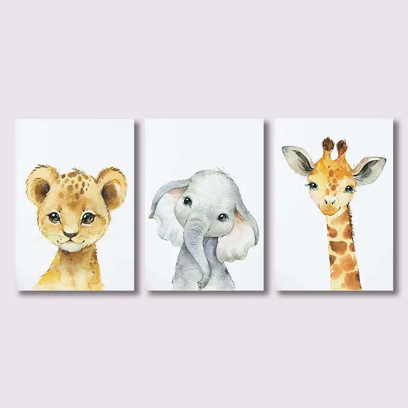 Set of 3PCS Baby Elephant Giraffe Lion Nursery Wall Art Fine Art Canvas Prints Wild Animal Safari Posters Pictures For Children's Room Decor