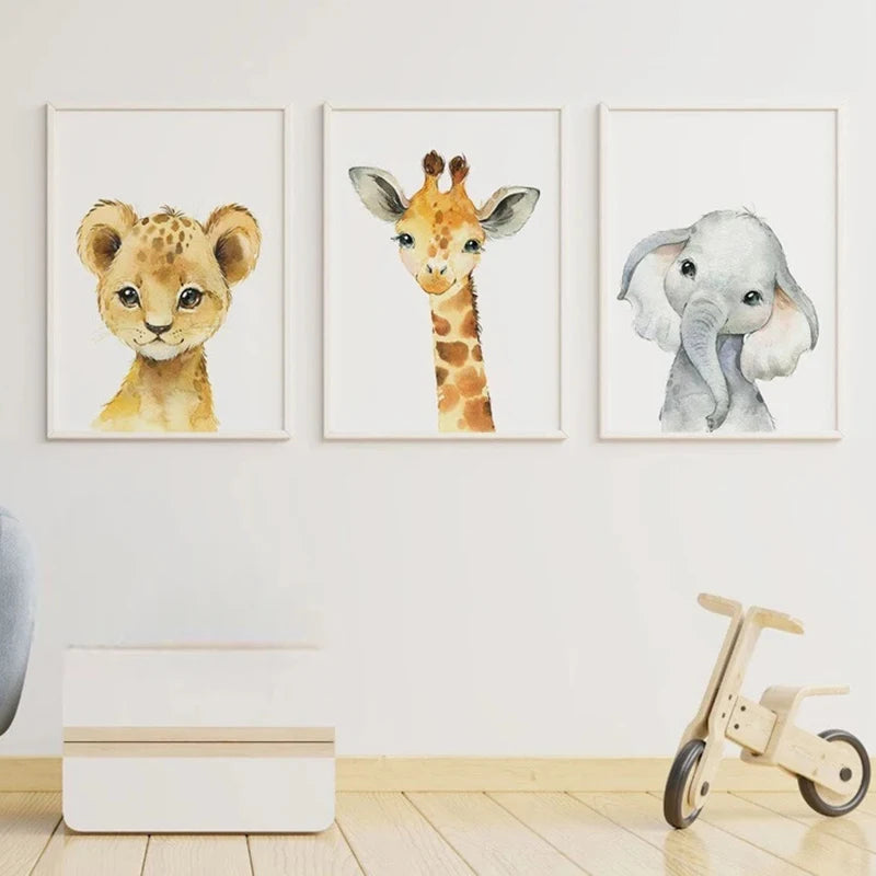 Set of 3PCS Baby Elephant Giraffe Lion Nursery Wall Art Fine Art Canvas Prints Wild Animal Safari Posters Pictures For Children's Room Decor