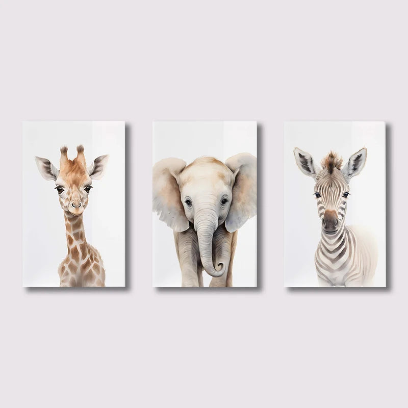 Set of 3PCS Baby Elephant Giraffe Lion Nursery Wall Art Fine Art Canvas Prints Wild Animal Safari Posters Pictures For Children's Room Decor