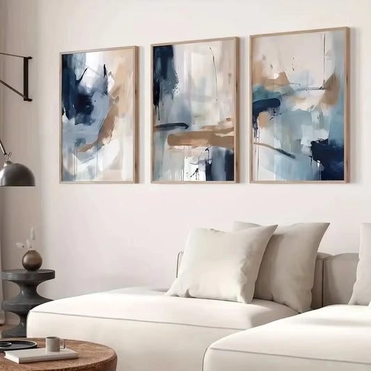 Set of 3PCS Blue Beige Colorful Abstract Wall Art Fine Art Canvas Prints Pictures For Modern Apartment Living Room Bedroom Scandinavian Home Decor