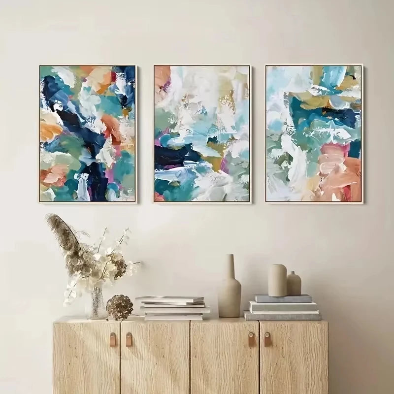 Set of 3PCS Blue Beige Colorful Abstract Wall Art Fine Art Canvas Prints Pictures For Modern Apartment Living Room Bedroom Scandinavian Home Decor