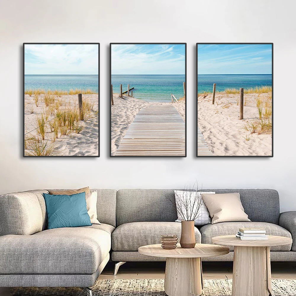 Set of 3PCS Blue Sea Sandy Beach Wall Art Fine Art Canvas Prints Inspirational Seascape Pictures Of Calm For Living Room 2025 001