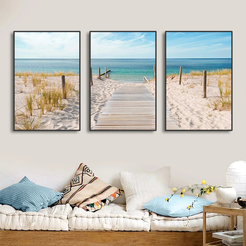 Set of 3PCS Blue Sea Sandy Beach Wall Art Fine Art Canvas Prints Inspirational Seascape Pictures Of Calm For Living Room 2025 001