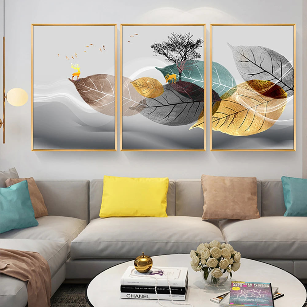 Set of 3PCS Golden Autumn Deer Wall Art Fine Art Canvas Prints Nordic Abstract Landscape Pictures For Living Room Decor