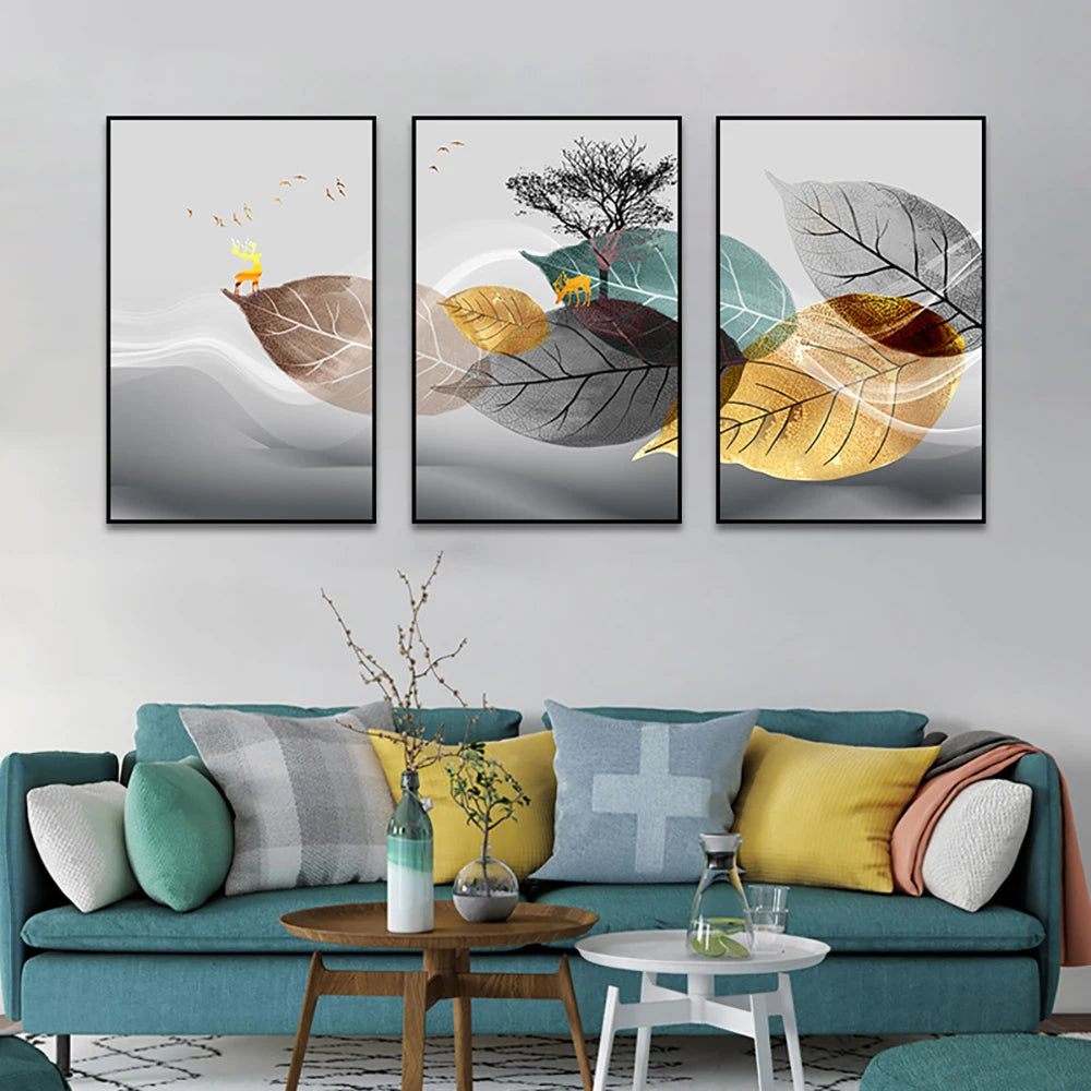 Set of 3PCS Golden Autumn Deer Wall Art Fine Art Canvas Prints Nordic Abstract Landscape Pictures For Living Room Decor
