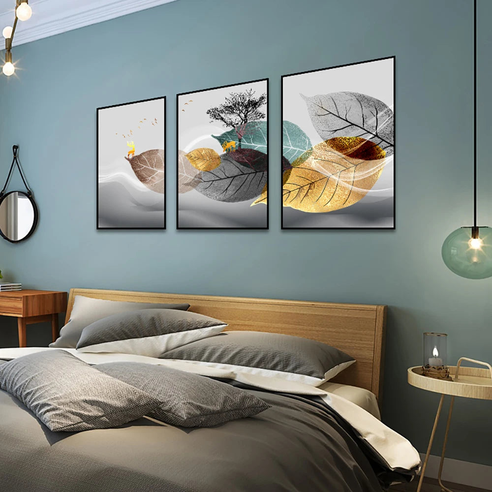 Set of 3PCS Golden Autumn Deer Wall Art Fine Art Canvas Prints Nordic Abstract Landscape Pictures For Living Room Decor