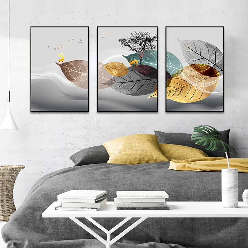 Set of 3PCS Golden Autumn Deer Wall Art Fine Art Canvas Prints Nordic Abstract Landscape Pictures For Living Room Decor