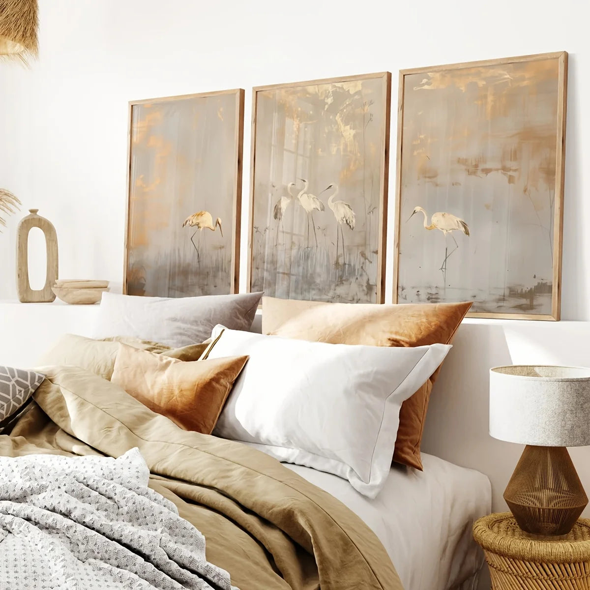 Decorative bedroom with framed artwork of birds, pillows, and a lamp.