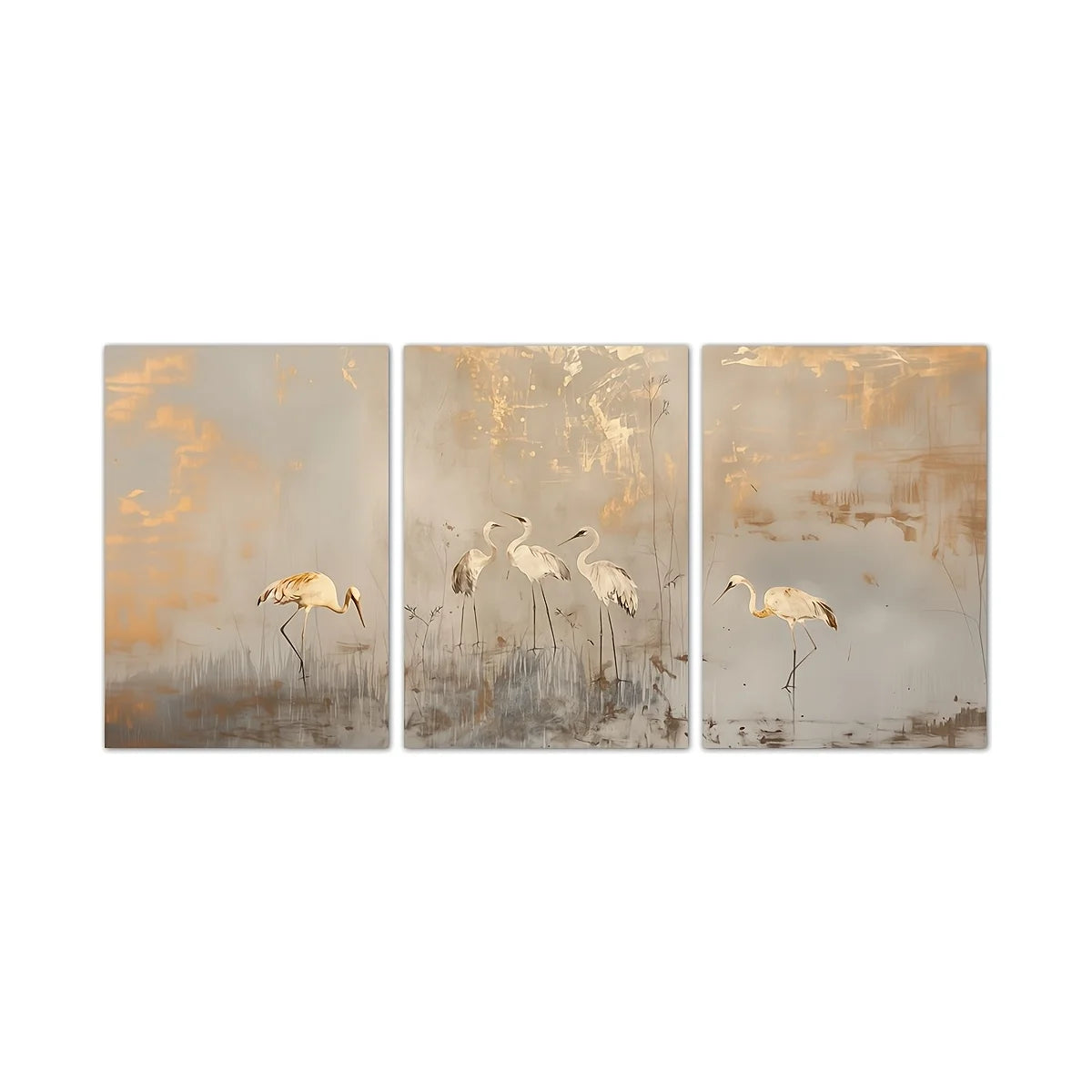 Three-panel artwork of cranes in a natural setting with abstract gold and brown background.