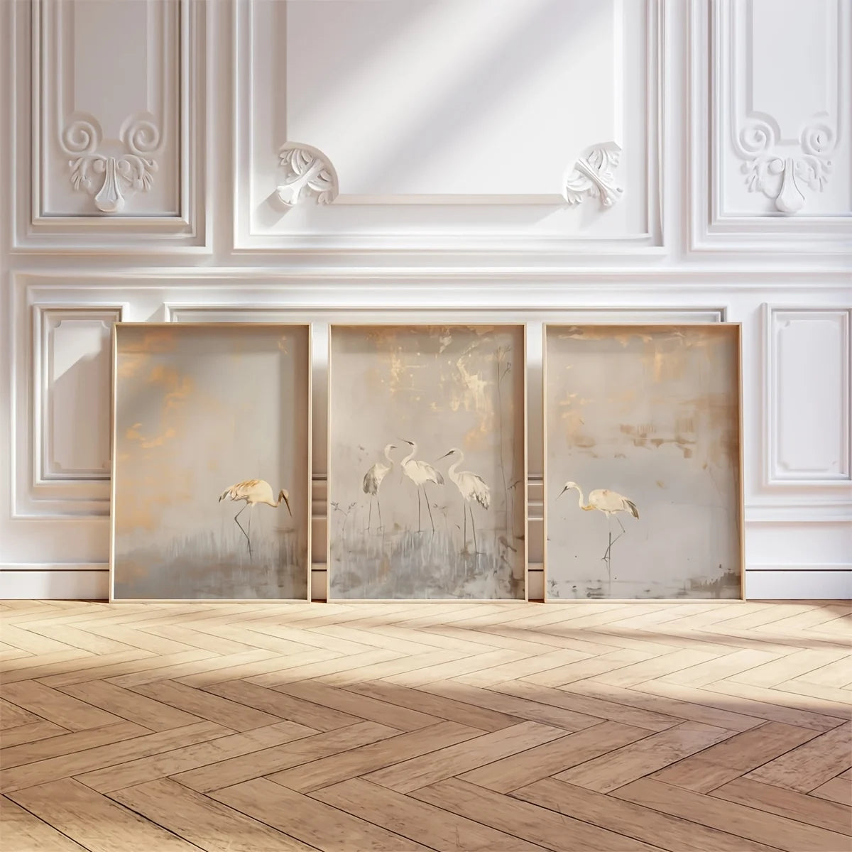 Three framed artworks of flamingos on a wall with decorative molding and wooden floor.