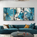 Set of 3Pcs Abstract Botanical Blue Flowers Wall Art Fine Art Canvas Prints Modern Floral Pictures For Living Room Dining Room Bedroom Art Decor
