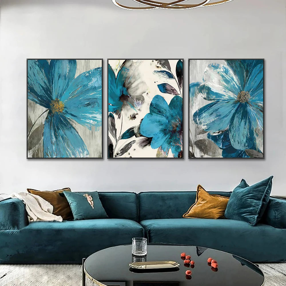 Set of 3Pcs Abstract Botanical Blue Flowers Wall Art Fine Art Canvas Prints Modern Floral Pictures For Living Room Dining Room Bedroom Art Decor