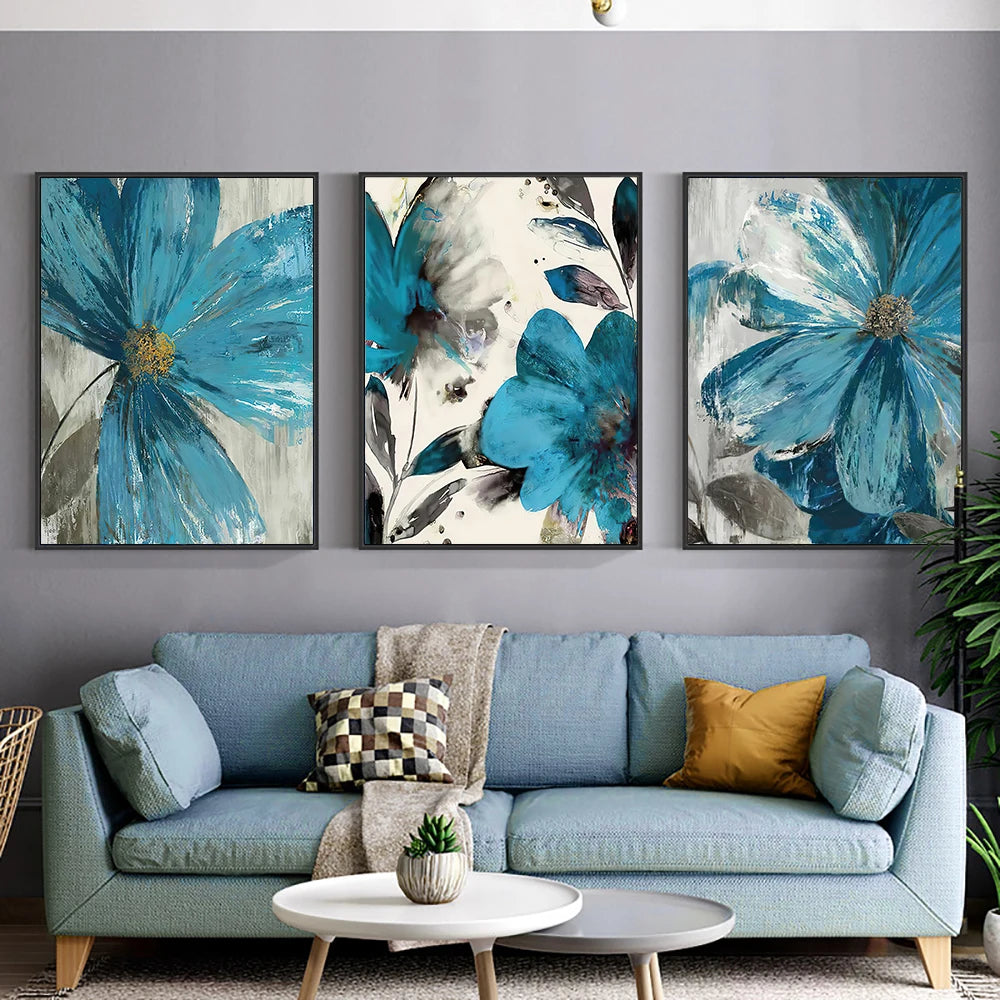 Set of 3Pcs Abstract Botanical Blue Flowers Wall Art Fine Art Canvas Prints Modern Floral Pictures For Living Room Dining Room Bedroom Art Decor