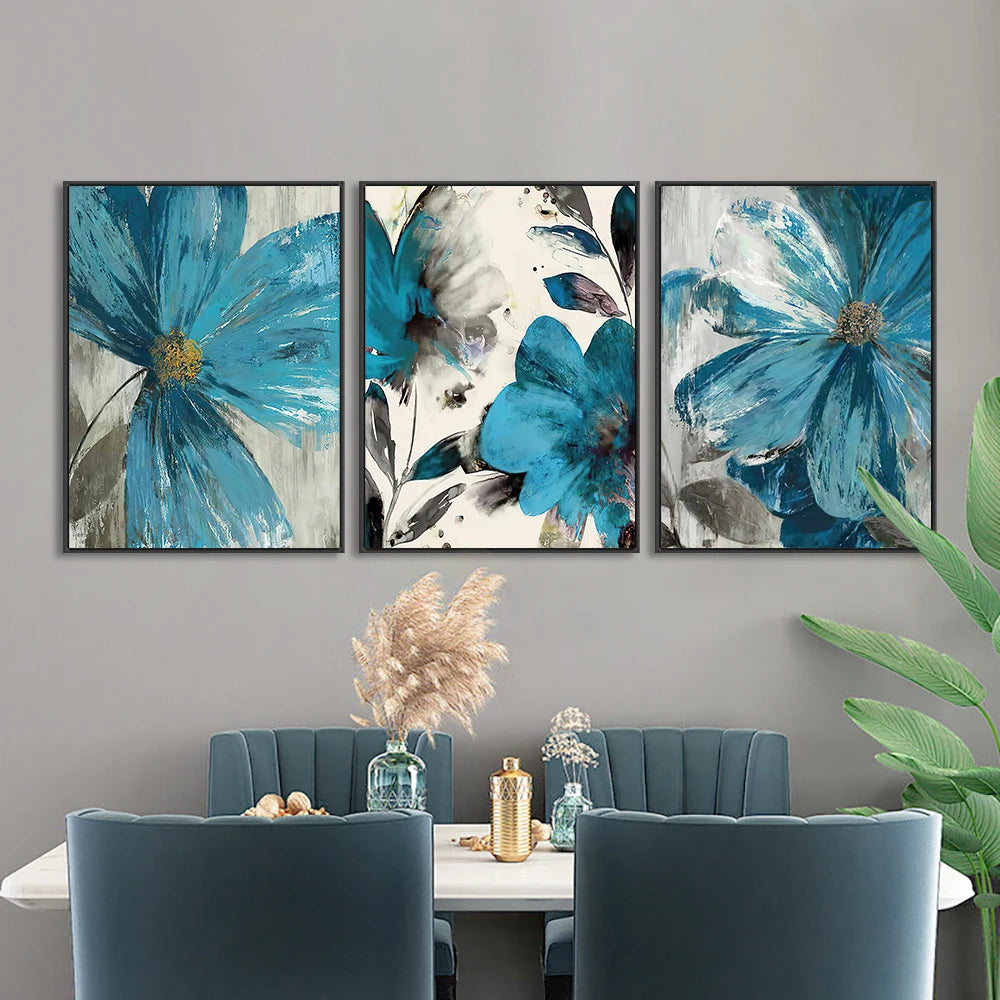 Set of 3Pcs Abstract Botanical Blue Flowers Wall Art Fine Art Canvas Prints Modern Floral Pictures For Living Room Dining Room Bedroom Art Decor