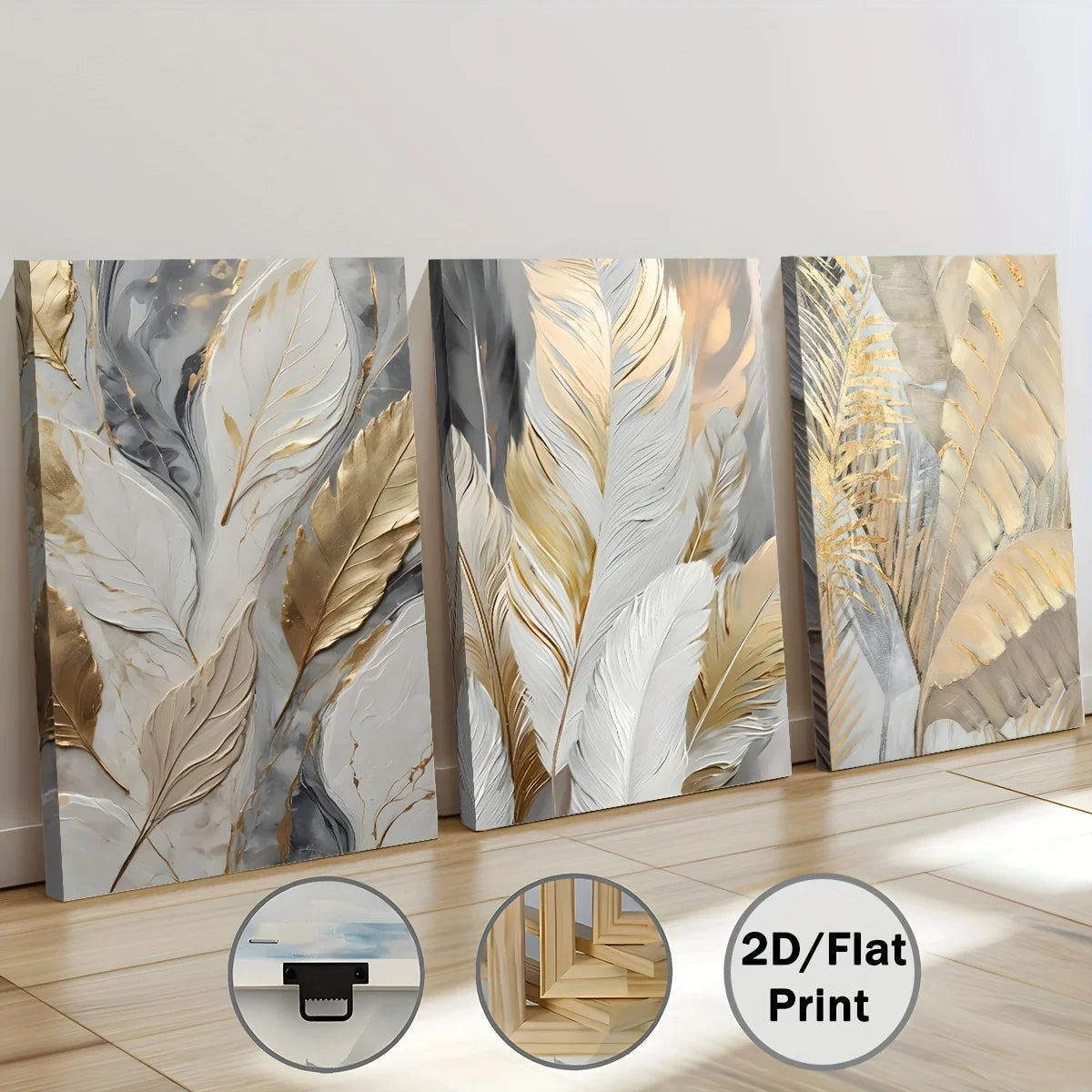 Three abstract wall art prints with gold and gray feather patterns on a white wall.