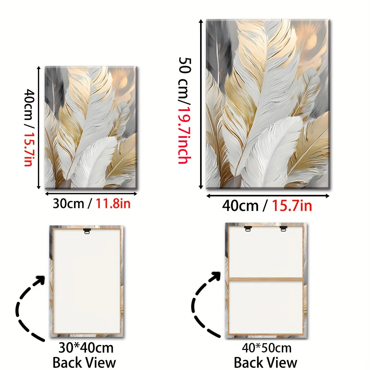 Decorative wall art with feather design, shown with measurements and back view illustrations.