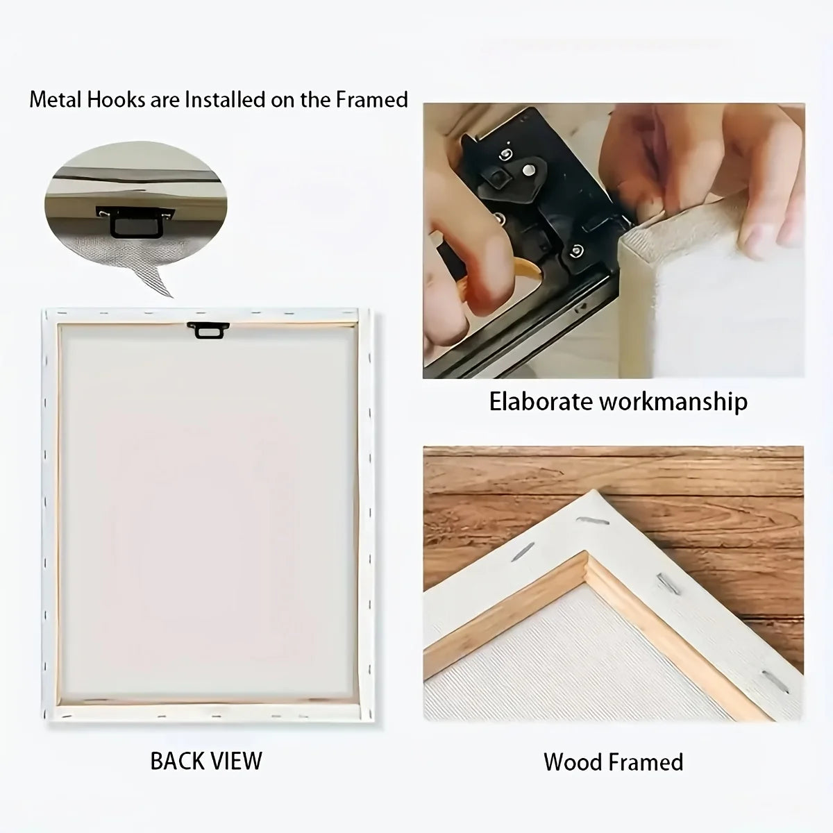 Wooden picture frame with metal hooks, back view, and workmanship details.