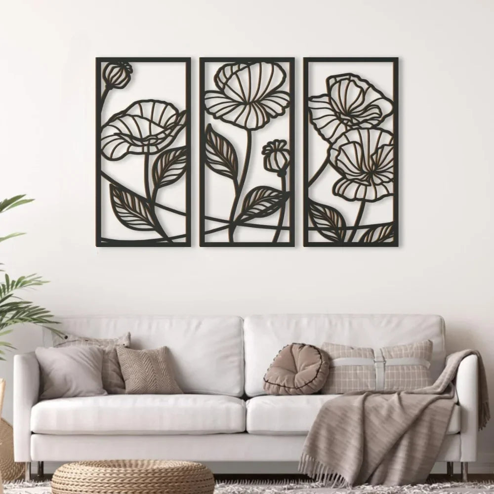 Set of 3Pcs Abstract Floral Metal Wall Art 3d Iron Crafted Wall Panels For Living Room Dining Room Modern Creative Nordic Art Decor