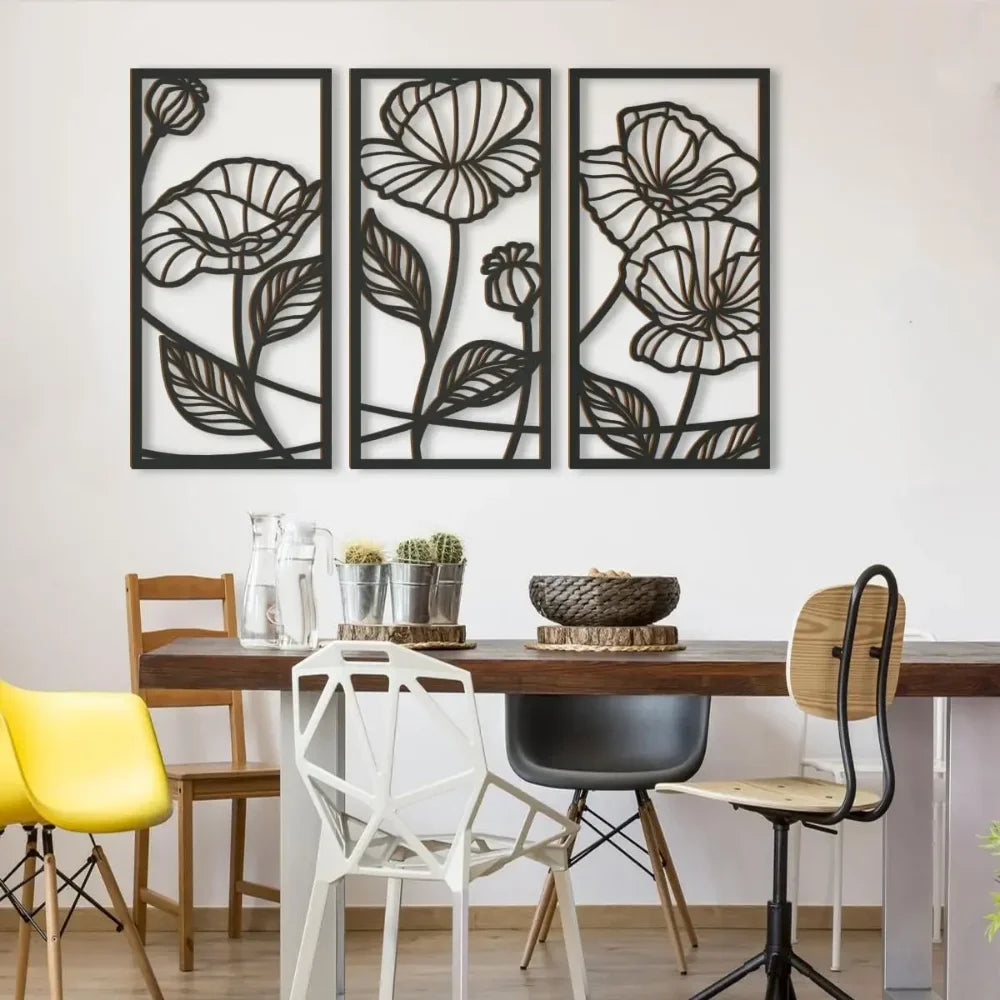 Set of 3Pcs Abstract Floral Metal Wall Art 3d Iron Crafted Wall Panels For Living Room Dining Room Modern Creative Nordic Art Decor