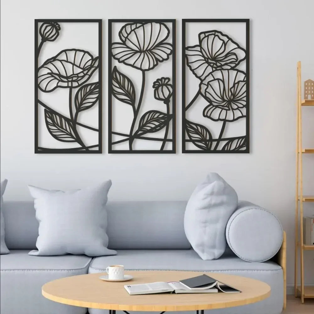 Set of 3Pcs Abstract Floral Metal Wall Art 3d Iron Crafted Wall Panels For Living Room Dining Room Modern Creative Nordic Art Decor