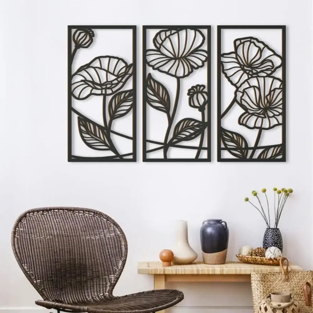 Set of 3Pcs Abstract Floral Metal Wall Art 3d Iron Crafted Wall Panels For Living Room Dining Room Modern Creative Nordic Art Decor