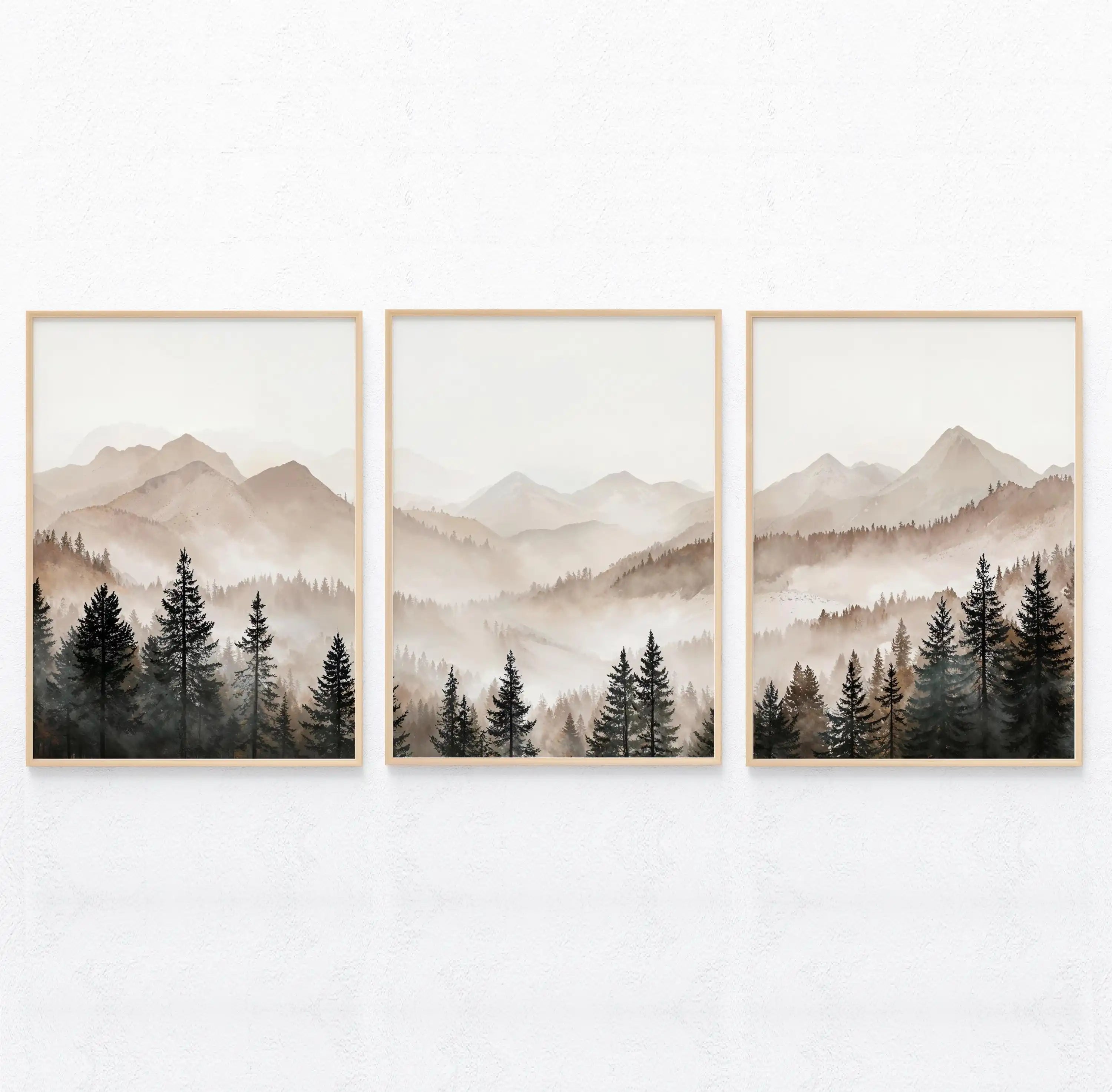 Set of 3Pcs Abstract Misty Mountain Forest Landscape Wall Art Neutral Tones Fine Art Canvas Prints Pictures For Living Room Bedroom Decor