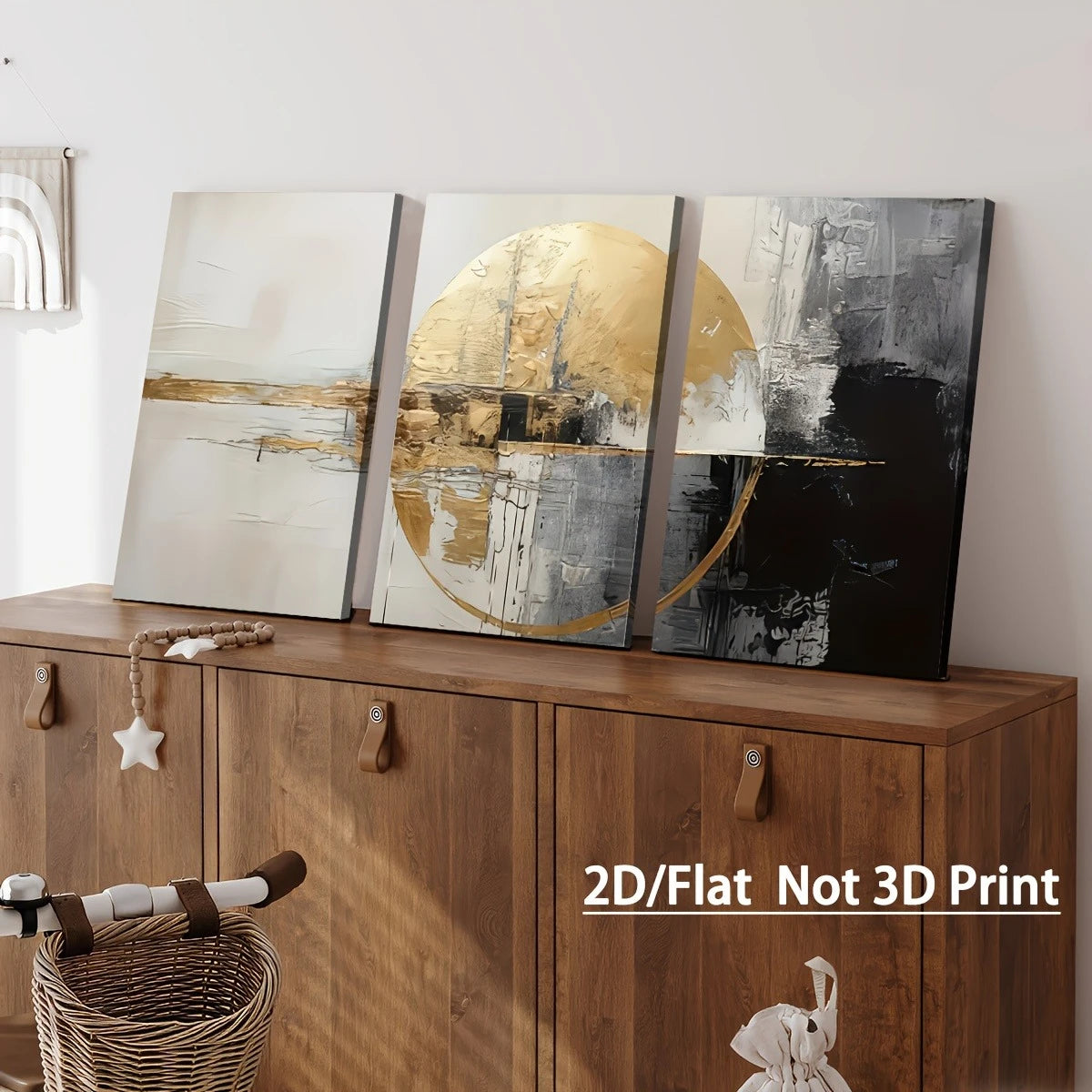 Set of 3Pcs Beige Golden Abstract Sunset Wall Art Fine Art Canvas Prints Pictures For Modern Apartment Living Room & Bedroom Art Decor