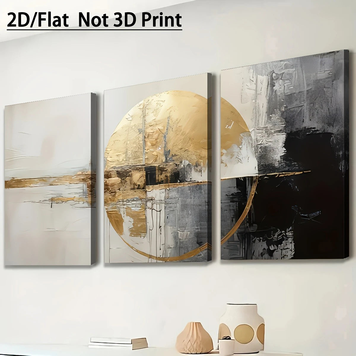 Set of 3Pcs Beige Golden Abstract Sunset Wall Art Fine Art Canvas Prints Pictures For Modern Apartment Living Room & Bedroom Art Decor