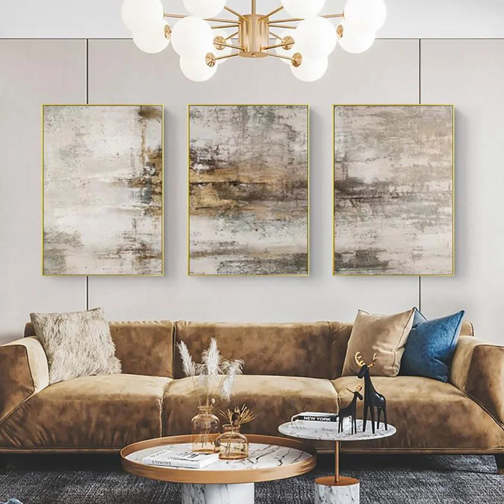 Set of 3Pcs Beige Grey Neutral Tones Vintage Abstract Wall Art Fine Art Canvas Prints Pictures For Modern Apartment Living Room Minimalist Home Decor