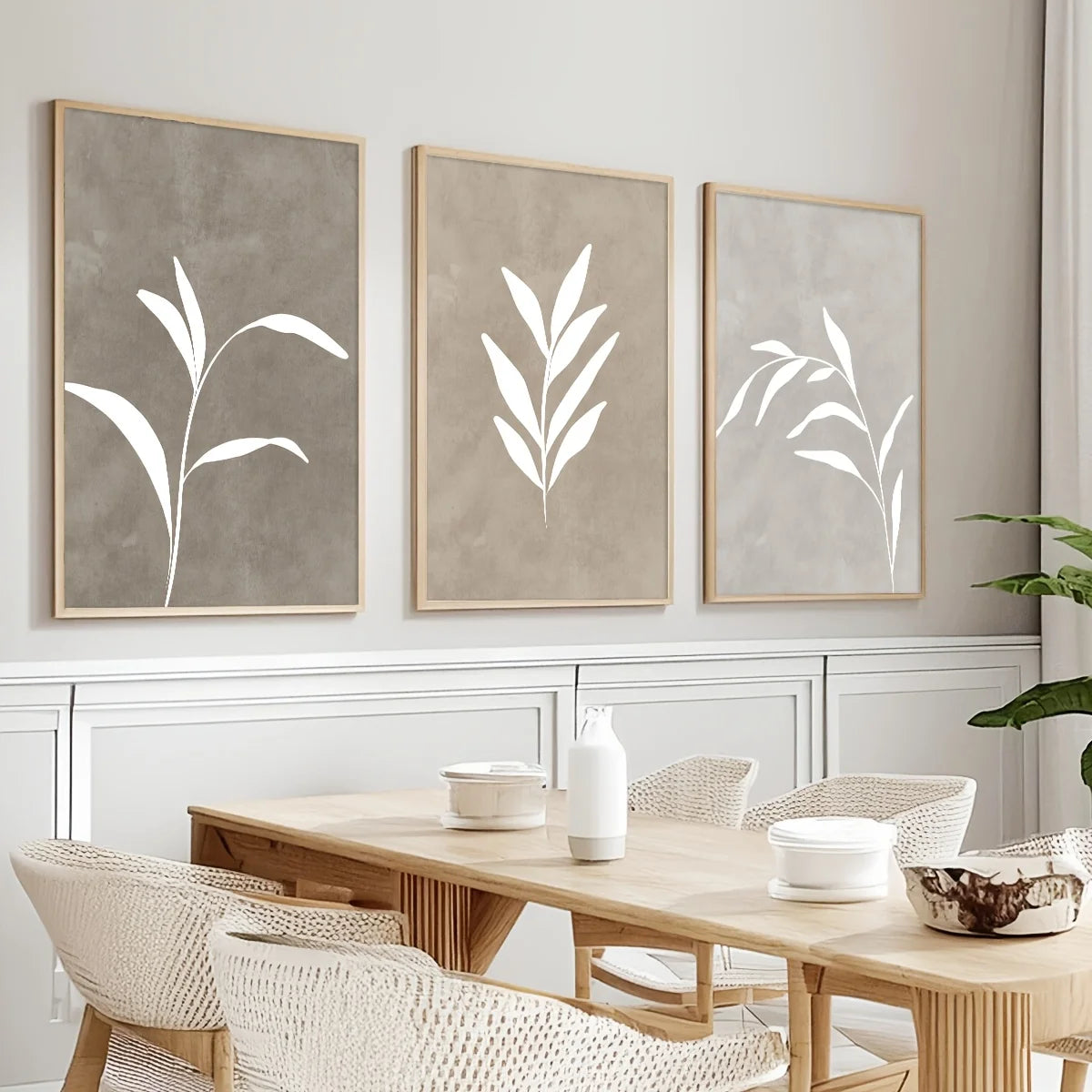 Set of 3Pcs Beige White Leaves Minimalist Abstract Botanical Wall Art Fine Art Canvas Prints Neutral Tones Pictures For Living Room Bedroom Art Decor