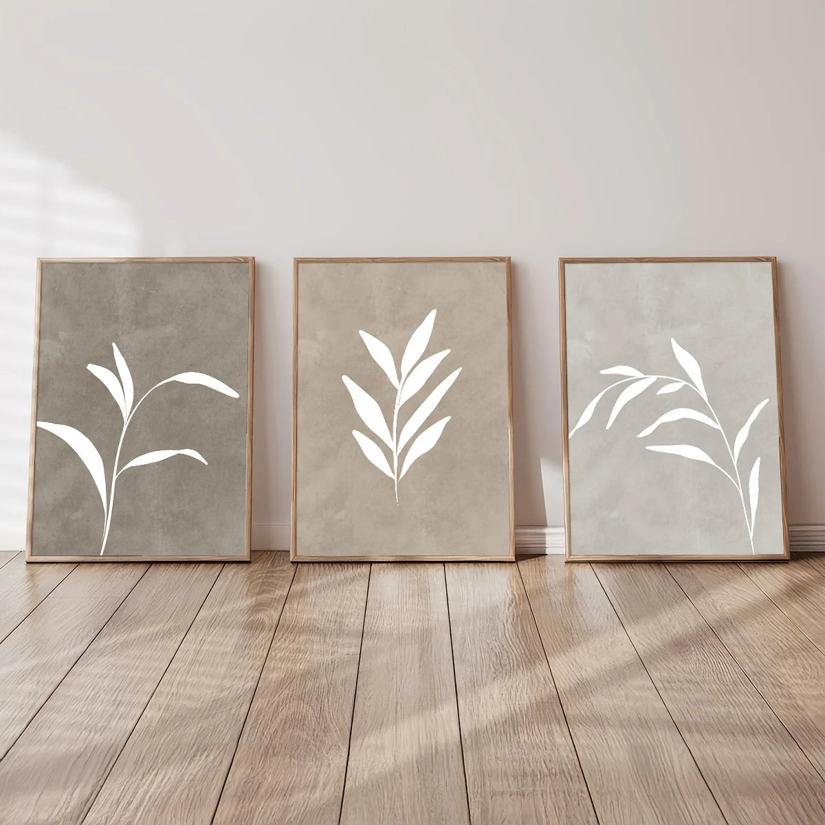 Set of 3Pcs Beige White Leaves Minimalist Abstract Botanical Wall Art Fine Art Canvas Prints Neutral Tones Pictures For Living Room Bedroom Art Decor