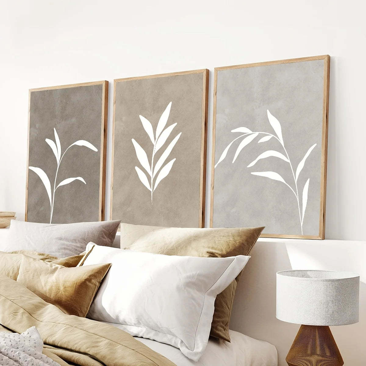 Set of 3Pcs Beige White Leaves Minimalist Abstract Botanical Wall Art Fine Art Canvas Prints Neutral Tones Pictures For Living Room Bedroom Art Decor