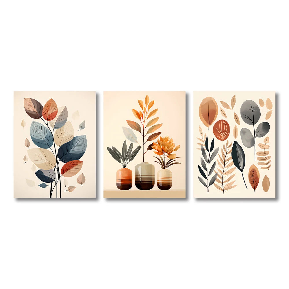 Set of three floral wall art prints with autumnal colors on a beige background.
