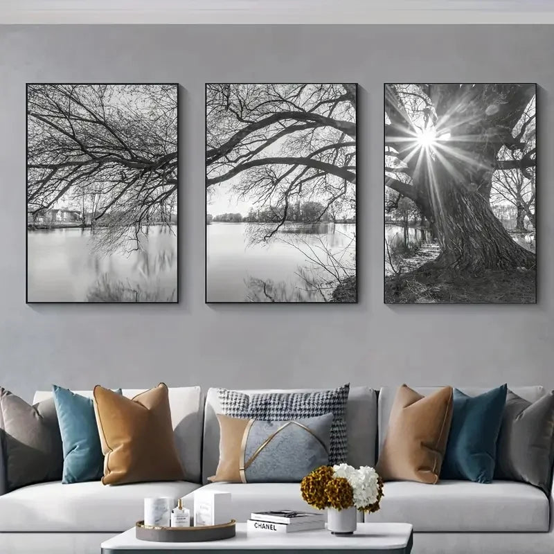 Set of 3Pcs Big Tree Lake Sunset Wall Art Fine Art Canvas Prints Black & White Landscape Pictures For Living Room Bedroom Dining Room Art Decor