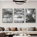 Set of 3Pcs Big Tree Lake Sunset Wall Art Fine Art Canvas Prints Black &amp; White Landscape Pictures For Living Room Bedroom Dining Room Art Decor