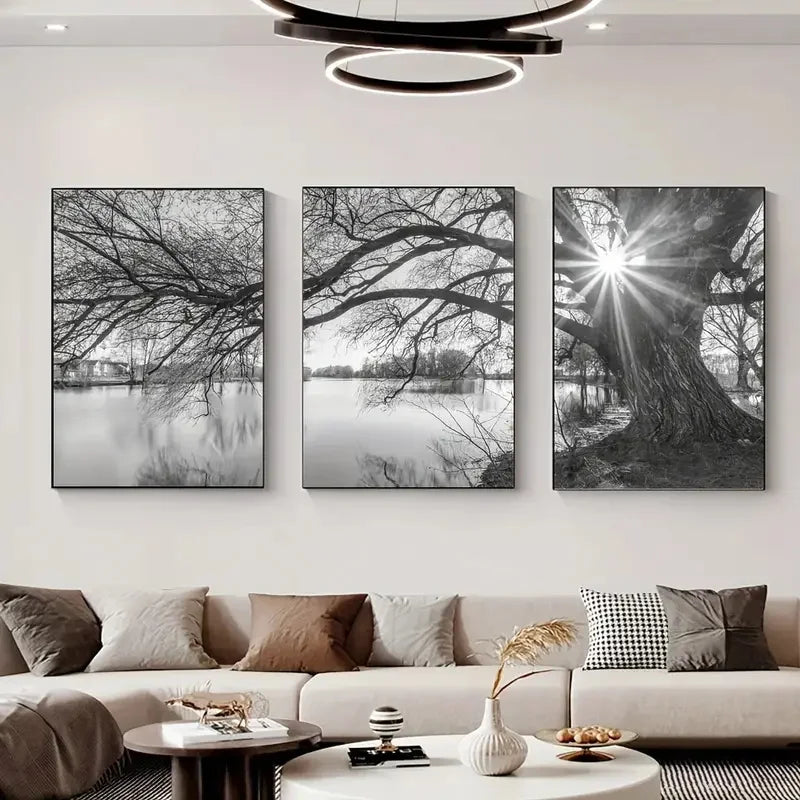 Set of 3Pcs Big Tree Lake Sunset Wall Art Fine Art Canvas Prints Black &amp; White Landscape Pictures For Living Room Bedroom Dining Room Art Decor