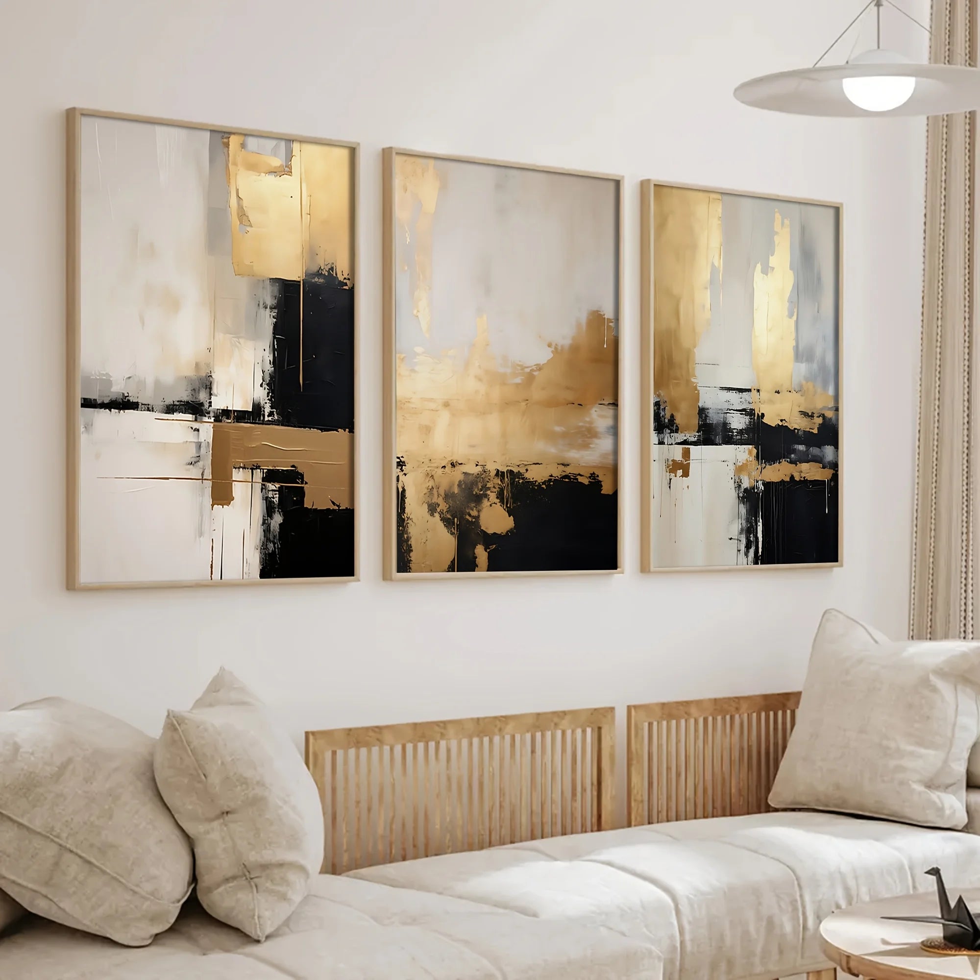 Set of 3Pcs Black Beige Golden Color Block Abstract Wall Art Fine Art Canvas Prints Contemporary Artworks For Modern Apartment Living Room Bedroom Art Decor