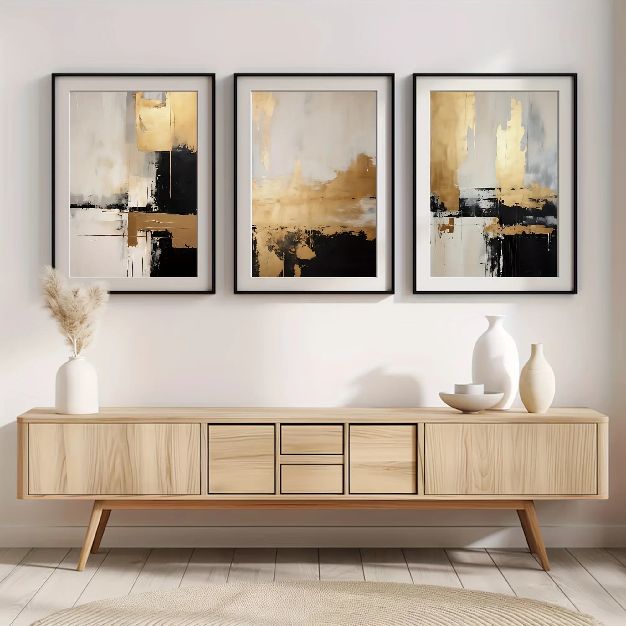 Three abstract paintings above a wooden sideboard with decorative items.