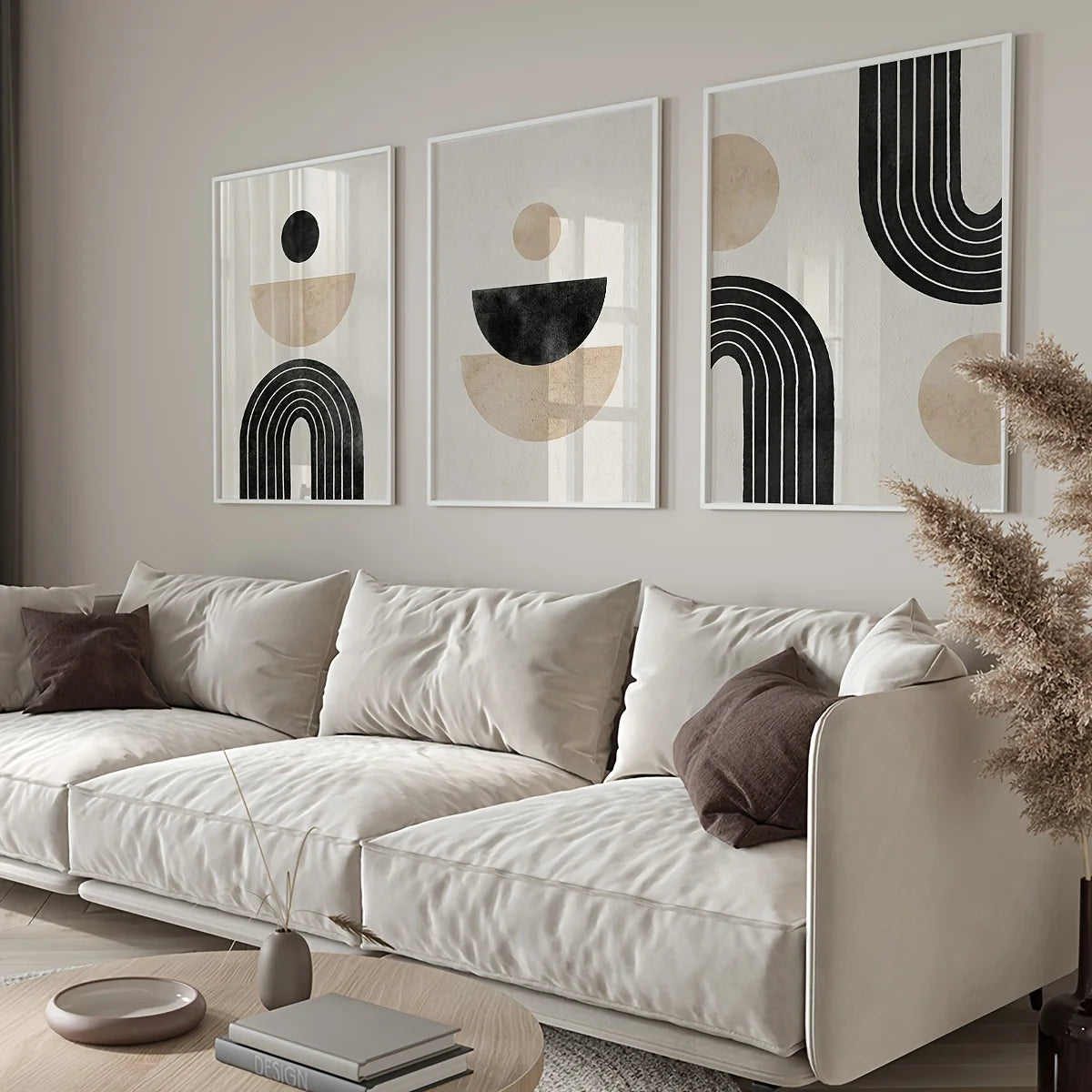 Modern living room with a white sofa and abstract wall art