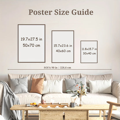 Poster size guide with framed posters on a wall above a sofa
