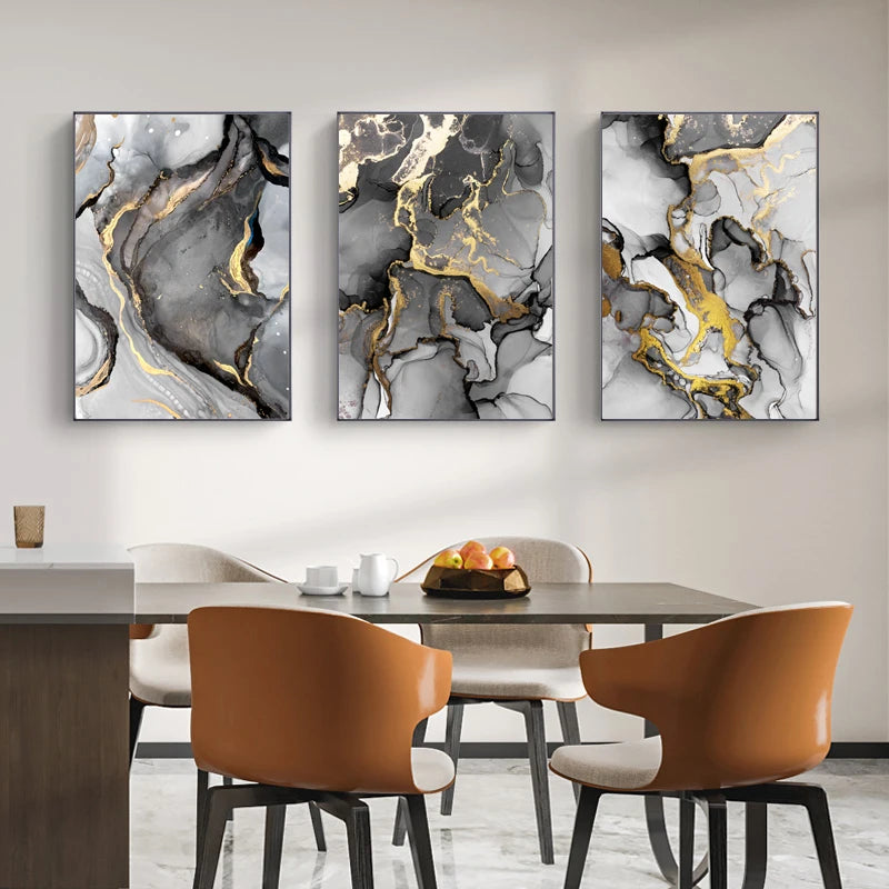 Set of 3Pcs Black Golden Grey Marble Print Wall Art Fine Art Canvas Prints Pictures For Dining Room Living Room Art For Modern Home Decor