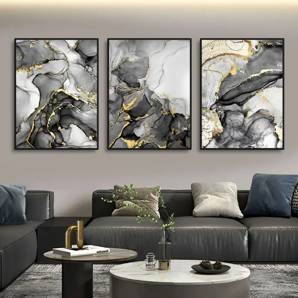 Set of 3Pcs Black Gray Golden Liquid Marble Print Wall Art Fine Art Canvas Prints Abstract Pictures For Modern Apartment Living Room Wall Decor
