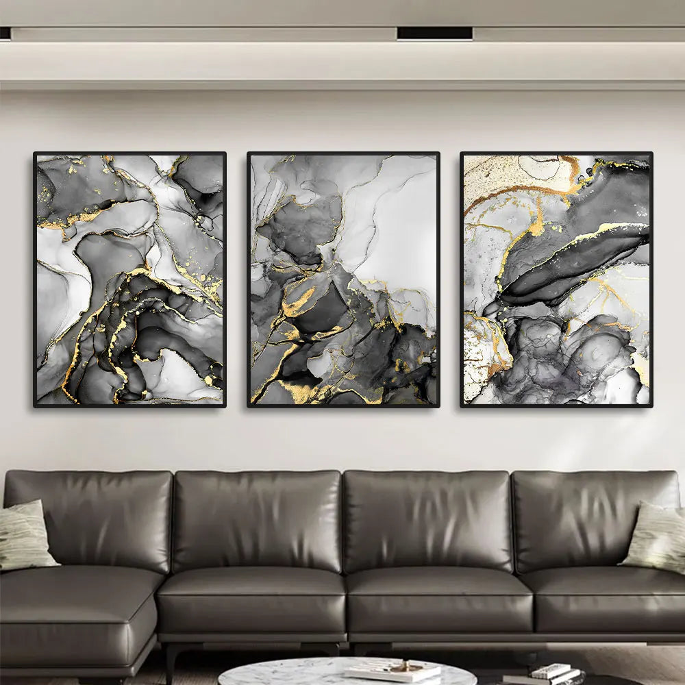 Set of 3Pcs Black Gray Golden Liquid Marble Print Wall Art Fine Art Canvas Prints Abstract Pictures For Modern Apartment Living Room Wall Decor 2025
