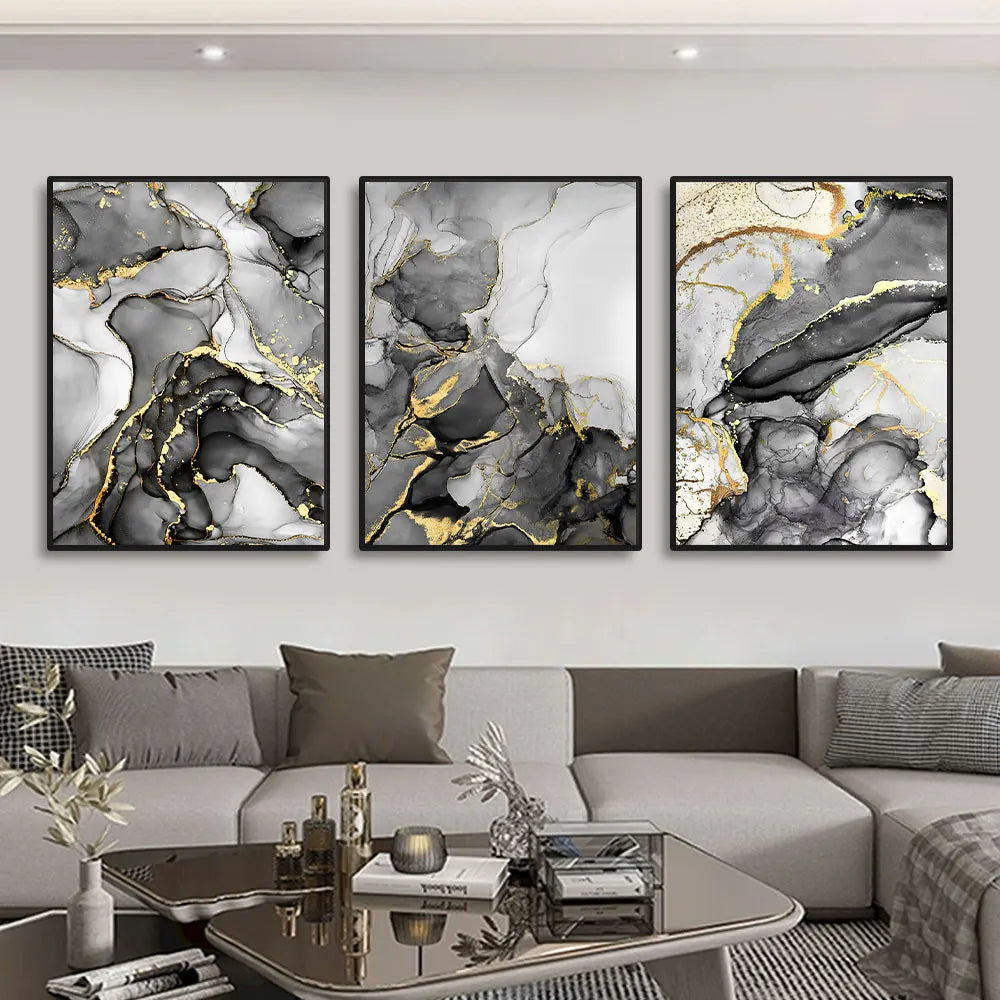 Set of 3Pcs Black Gray Golden Liquid Marble Print Wall Art Fine Art Canvas Prints Abstract Pictures For Modern Apartment Living Room Wall Decor 2025