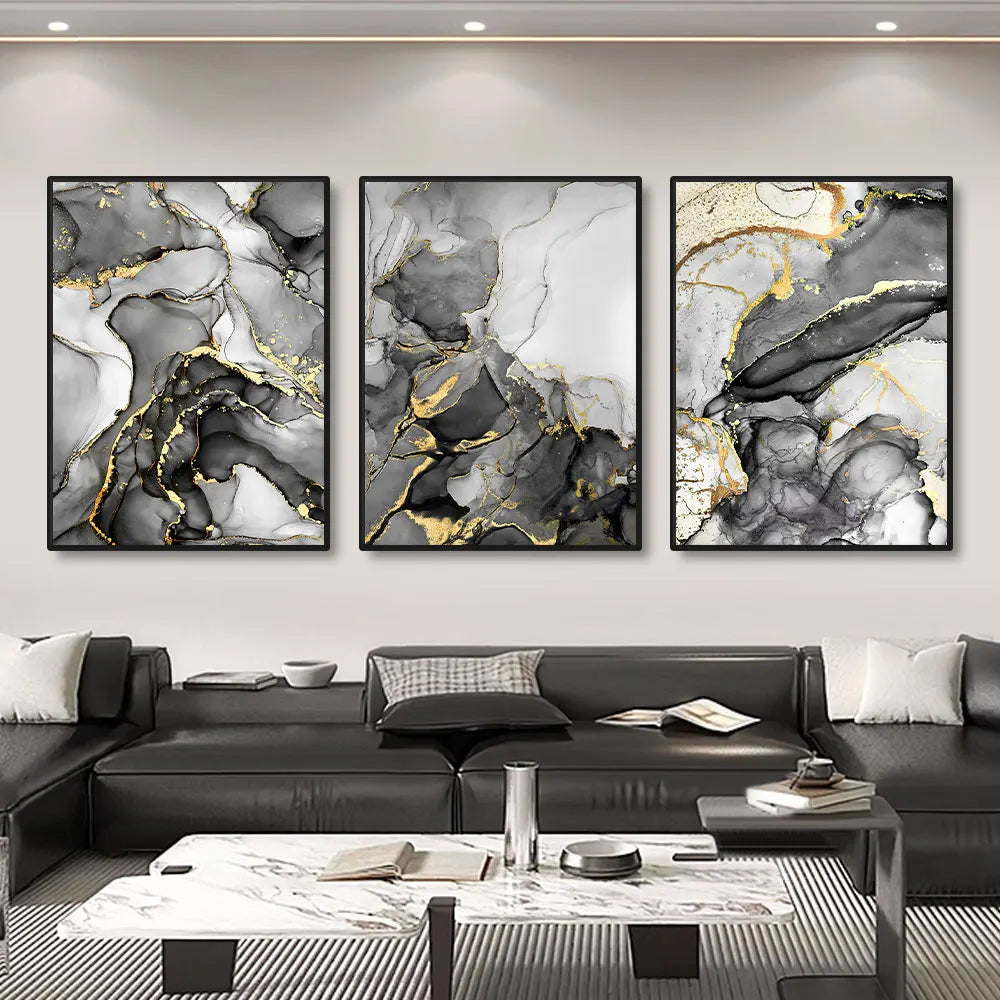 Set of 3Pcs Black Gray Golden Liquid Marble Print Wall Art Fine Art Canvas Prints Abstract Pictures For Modern Apartment Living Room Wall Decor 2025