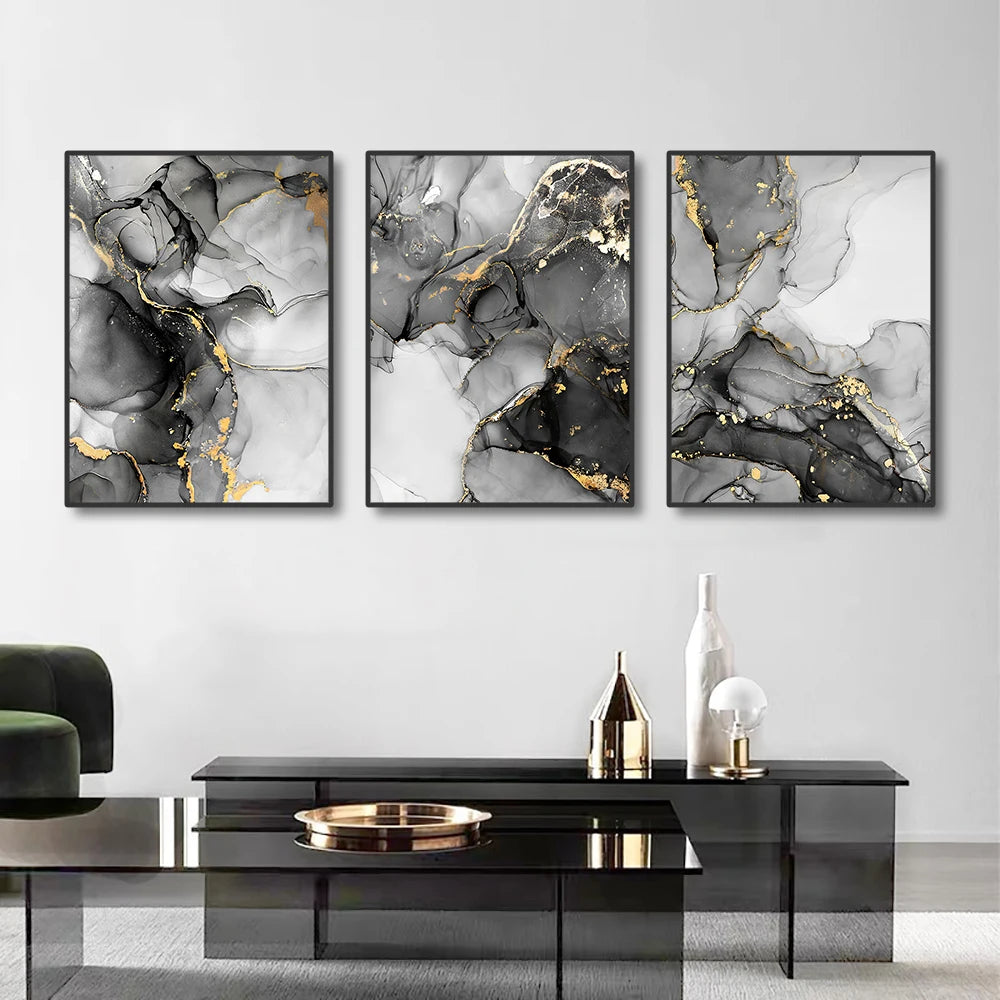 Set of 3Pcs Black White Golden Marble Print Wall Art Fine Art Canvas Prints Pictures For Living Room Dining Room Office Art For Modern Interiors